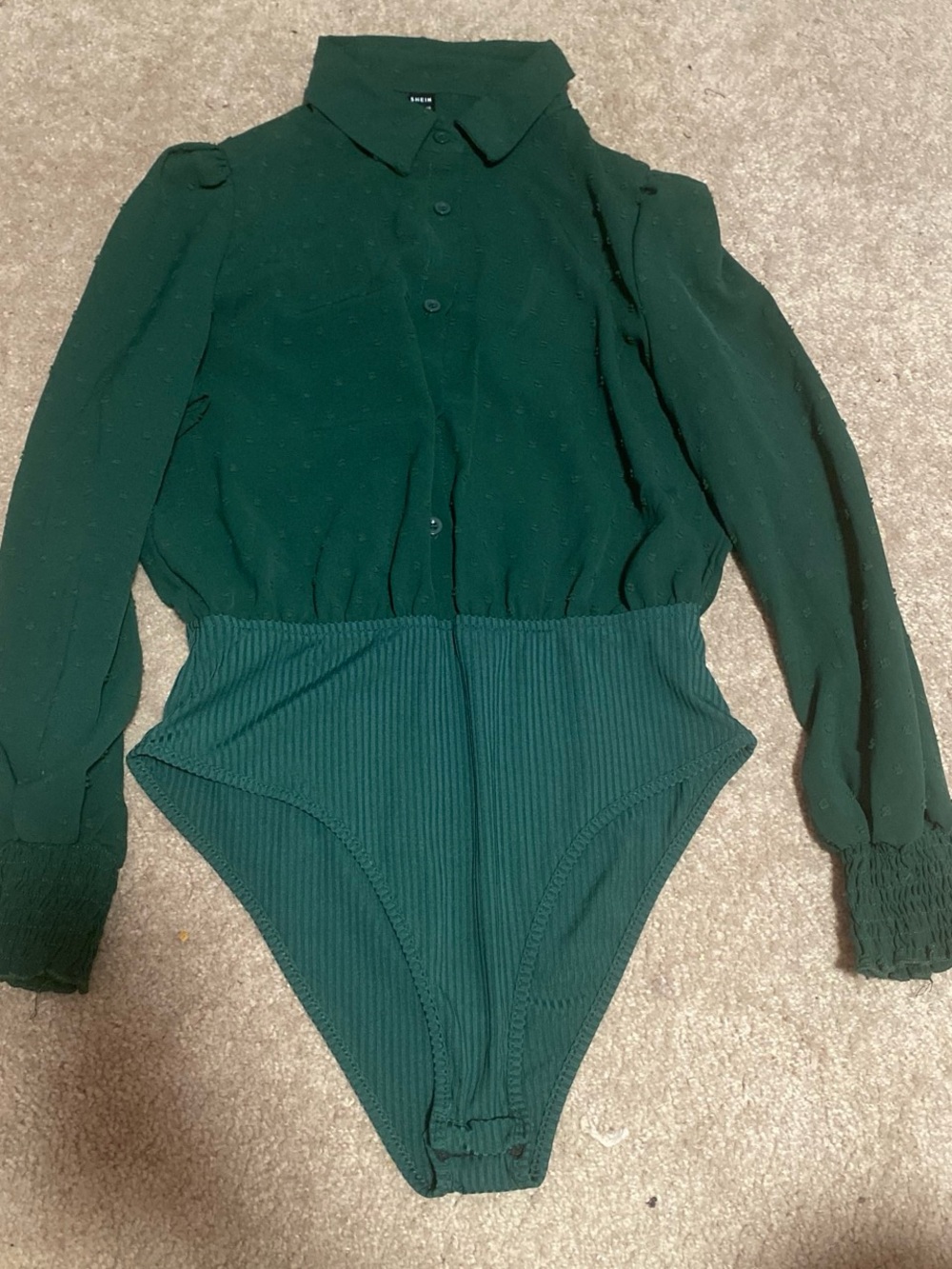 Dark Green Long-Sleeve Collared Ribbed Bodysuit Jumpsuit